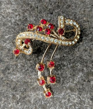 Vtg Gold Tone W/ Red And Crystal Clear Rhinestones Brooch 2 1/4 " Tall