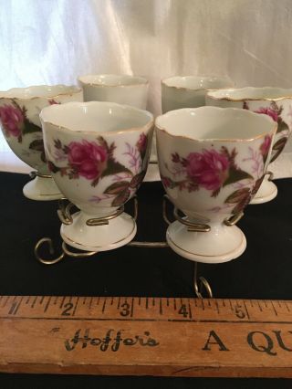 Vintage Country Set Of 6 China Egg Cups Pink Rose With Rack Exc