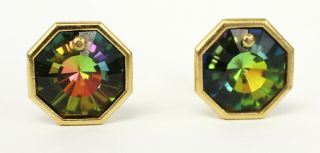 Vintage Couture Yves Saint Laurent Ysl Green Rainbow Color Crystal Clip Earrings
