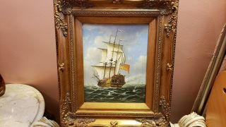 Antique Nautical Maritime Ship Seascape Oil Painting 15 " X 13 " In Frame