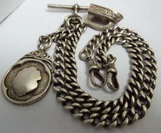 Lovely Heavy English Antique 1909 Sterling Silver Double Albert Chain With Fobs