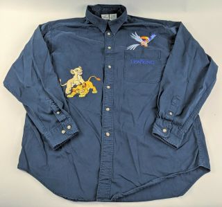 Vintage - Disney The Lion King - Embroidered Shirt Blue Large Long Sleeve