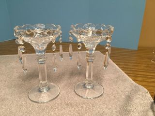 Vintage Pair Clear Cut Crystal Candle Holders With Hanging Prisms 8inch Tall