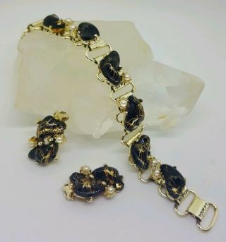 Vintage Black Lucite Thermoset Pearl Earrings Faceted Gold Tone Bracelet Set
