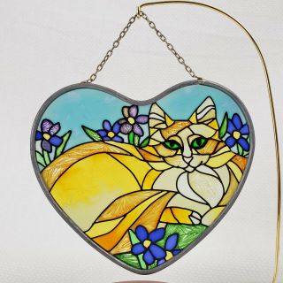 Vintage Small Heart Stained Glass Suncatcher Cat In Flowers /wildflowers 5 " X 4 "