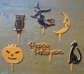 Vintage Halloween Cake Cupcake Topper Picks Ornament Cat Witch Moon (set Of 6)