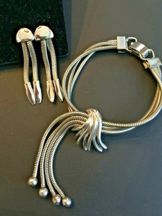 High End Vintage Silver Tone Mesh / Snake Bracelet & Clip Earrings Dangles Fab