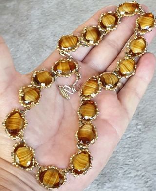 Vintage Jewellery Scottish / Celtic Brown Banded Agate Gold Panel Necklace