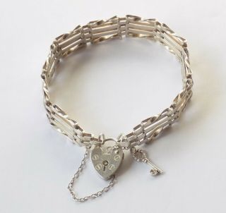 Vintage Sterling Silver 4 Bar Gate Bracelet.  Heart Locket,  Key Charm.  London 1979