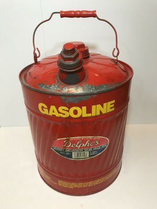 Vintage Delphos Metal Gas Can 5 Gallon Galvanized Steel Red Flower Top.