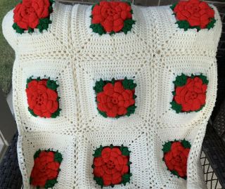 Vintage White With 3d Red Rose Granny Square Hm Crochet Xmas