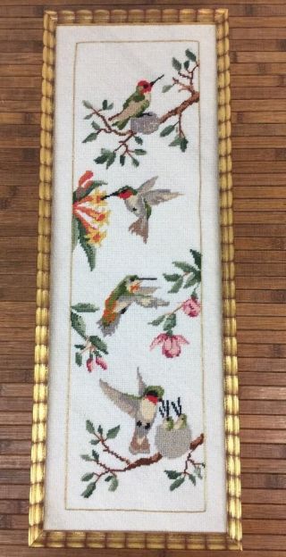 Vintage Completed Needlepoint Petit Point Canvas 25 " X 9 " Birds - Flowers - Branches