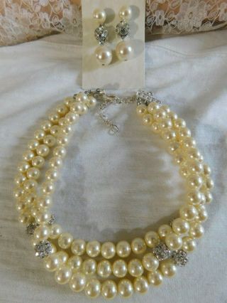 Vtg Carolee Faux Pearl,  Rhinestone Choker Necklace And Earrings Set,  Signed