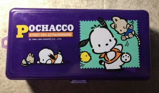 Vintage Sanrio Pochacco Purple Plastic Pencil Case Box 1995