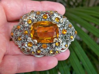 Large Vintage Czech Art Deco Jewellery Amber Glass Statement Brooch Shawl Pin