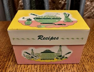 Vintage 1950s Recipe Box Tin Retro Kitchen Spices Pink Yellow Blue Green