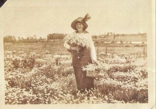 Vintage Old 1917 Photo Of Girl Picking Wildflowers With Basket Full Of Flowers