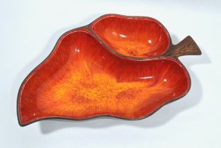 Vintage Treasure Craft Ceramic Leaf Divided Serving Tray Orange Glaze Faux Wood