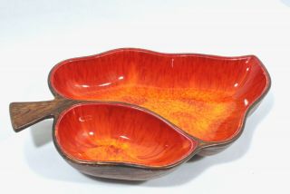 Vintage Treasure Craft Ceramic Leaf Divided Serving Tray Orange Glaze Faux Wood 2