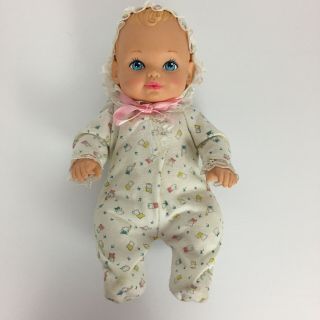Vintage 1990 Lauer Toys Water Baby Doll 13 " Blonde Hair Blue Eyes Sleeper Outfit