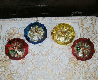 4 Vintage Jewel Brite Diorama Christmas Tree Ornaments Angels 3 1/2 "