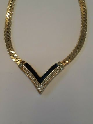 Christian Dior Vintage Necklace Black Enamel Rhinestones 17 " Gold Chevron