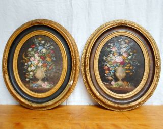 Pr.  Antique/vintage Oval Still Life Floral Oil Paintings On Artist Board Signed