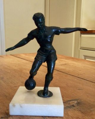 Vintage French Bronzed Patinated Art Metal Football Figure On Marble Base