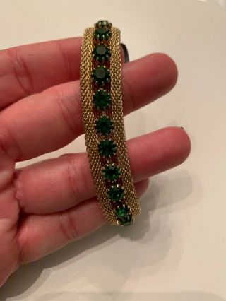 Vintage Gold Tone Mesh Weiss Green Rhinestone Signed Bracelet Jewelry