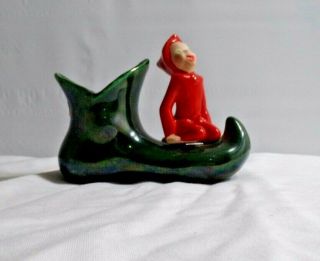 Vintage Red Pixie / Elf Sitting On A Green Pointed Toe Elf Shoe