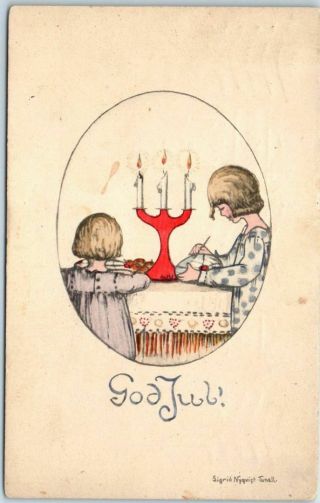 Vintage Swedish Christmas Postcard " God Jul " Artist - Signed " Nyquist - Tunnell "