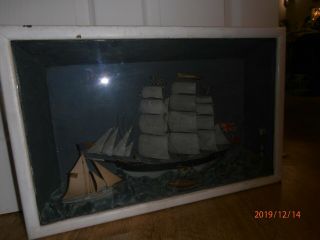 Rare Framed Antique 3d Diorama Folk Art Maritime Scene Of Sailing Boat / Clipper