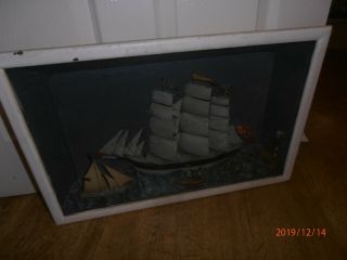 RARE Framed Antique 3D Diorama Folk Art Maritime Scene of Sailing Boat / Clipper 2