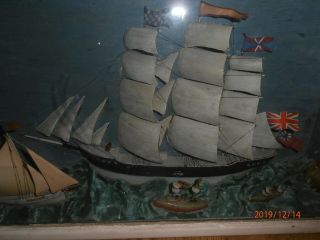 RARE Framed Antique 3D Diorama Folk Art Maritime Scene of Sailing Boat / Clipper 3