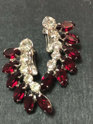 Gorgeous Signed B.  David Vintage Red Crystal Clear Rhinestone Earrings