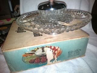 Vintage Kromex Lazy Susan Cut Glass Chrome Rotating Relish Tray W/dip Bowl