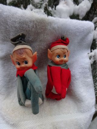 Set Of 2 Vintage Japan Christmas Holiday Pixie Elf Knee Hugger Ornaments