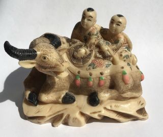 Vintage Chinese Japanese Hand Painted Engraved Boys On Bull Resin Figurine