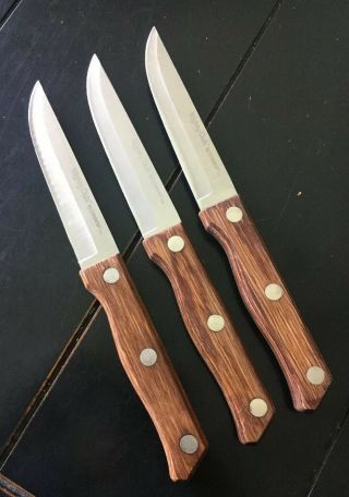 Vintage Mighty Oak By Imperial Set Of 3 Steak Knives Wood Handles,  4” Blades Usa