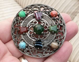 Large Old Vintage Signed Miracle Jewellery Celtic Agate Shield Silver Brooch Pin