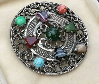 LARGE OLD VINTAGE SIGNED MIRACLE JEWELLERY CELTIC AGATE SHIELD SILVER BROOCH PIN 2