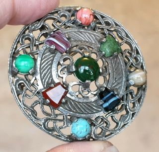 LARGE OLD VINTAGE SIGNED MIRACLE JEWELLERY CELTIC AGATE SHIELD SILVER BROOCH PIN 3