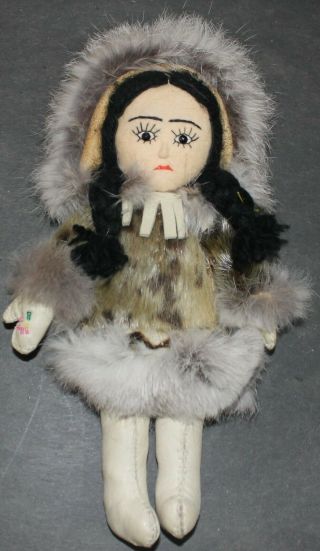 Vintage 10 " Handmade Cloth And Fur Eskimo Doll