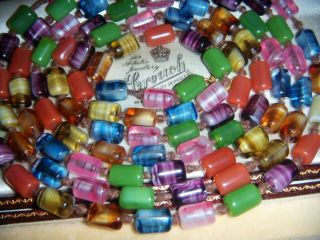 Vintage Art Deco Harlequin Glass Agate Beads Knotted 52 " Long Flapper Necklace