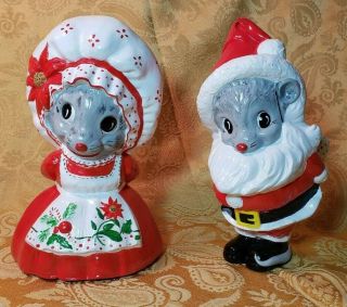 Set Of 2 Vintage Retro 9 " Ceramic Christmas Mice Santa Claus Mrs Claus