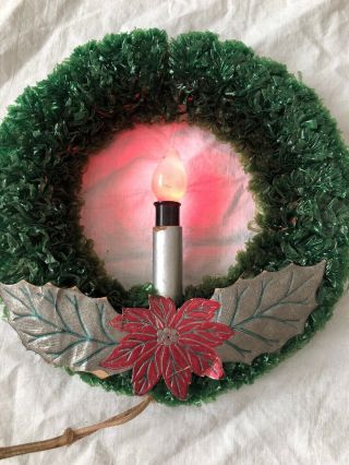 Vintage Christmas Candle Wreath Green Cellophane Lights Up 10”