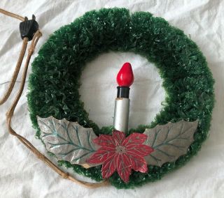 Vintage Christmas Candle Wreath Green Cellophane Lights Up 10” 2