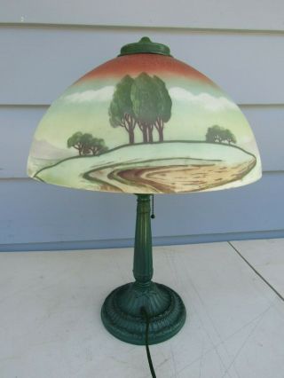 Pittsburgh Lamp Co Reversed Painted Glass Landscape Scene 21 " Table Lamp