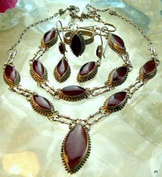 Vintage Silver Alloy Carnelian Agate Necklace Bracelet Ring Earrings Parure Set