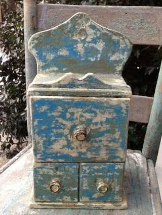 Early Primitive Wooden Hanging Box Of Drawers Apothecary Chest Old Blue Paint